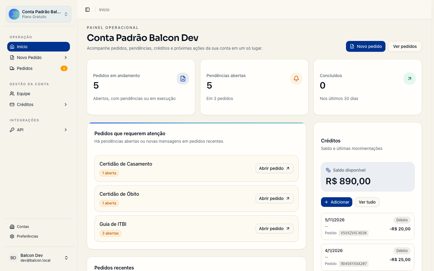 Dashboard Balcon com pedidos, pendências e créditos